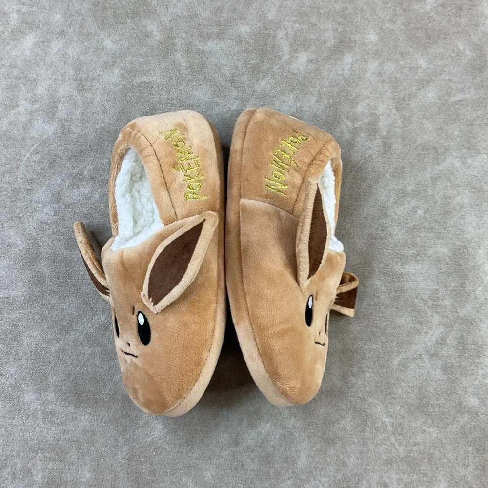 Pokemon Eevee Slippers Shoes 3D Sherpa Lined Ears Embroidered Kids Sz 2.5 EUC